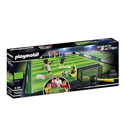 Playmobil Sports & Action Football Pitch playset with 63 pieces, including players, goalposts, and field accessories for kids.
