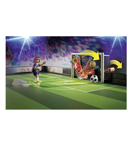 Playmobil Sports & Action football pitch playset with 63 pieces, including figures and accessories for active play.