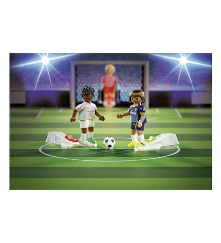 Playmobil Sports & Action Football Pitch playset with 63 pieces, including mini players, goalposts, and sports accessories.