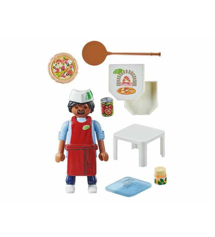 Playmobil 71161 Pizza Maker playset with 13 pieces, featuring colorful toy pizza accessories and a play kitchen scene.