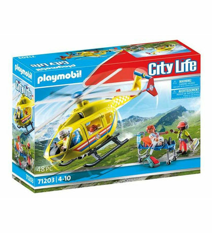 Playmobil Rescue helicopter action figure set with 48 pieces, toy rescue playset for children, featuring helicopter and rescue figures.