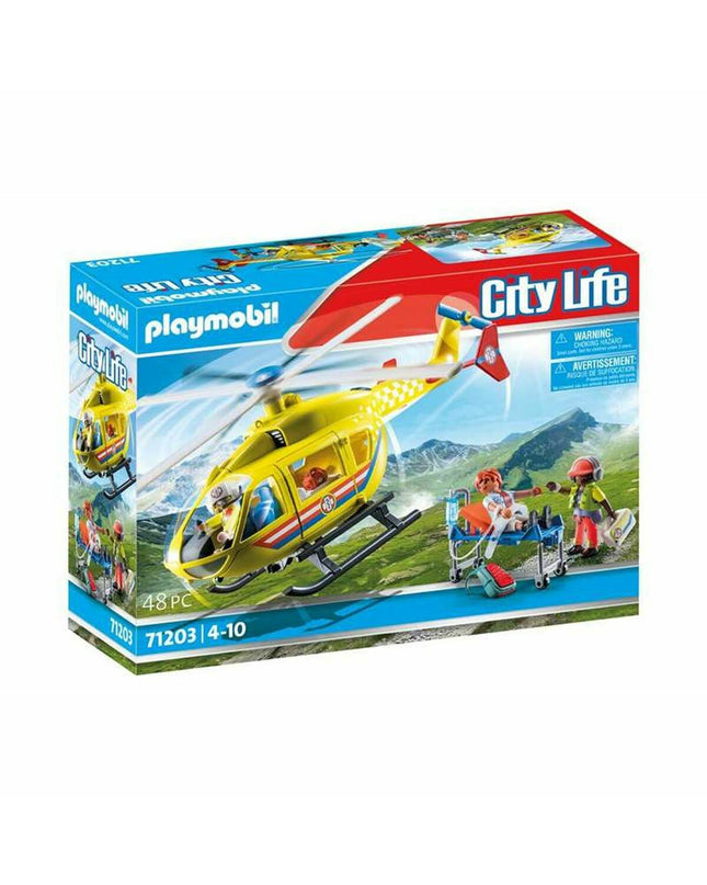 Playmobil Rescue helicopter action figure set with 48 pieces, toy rescue playset for children, featuring helicopter and rescue figures.