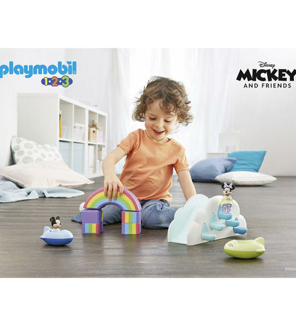 Playmobil Mickey and Minnie playset with 16 pieces, featuring cartoon characters and accessories for imaginative play.