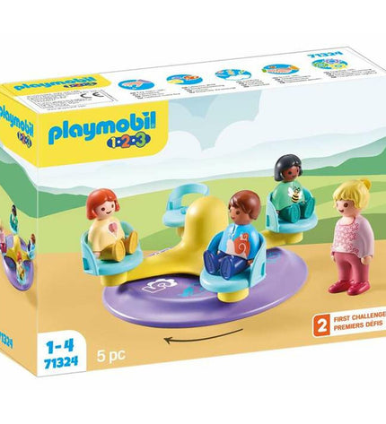 Playmobil 71324 Carrousel playset with five parts, featuring colorful carousel horses and detailed amusement park scene.