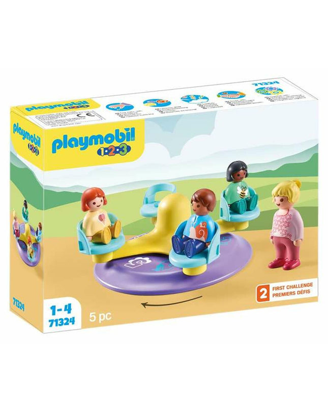 Playmobil 71324 Carrousel playset with five parts, featuring colorful carousel horses and detailed amusement park scene.