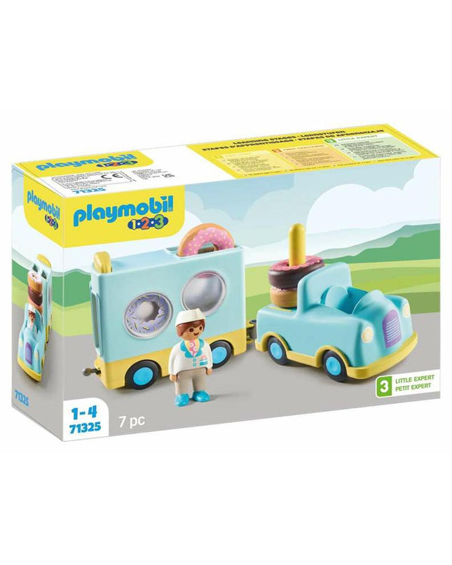 Playmobil 71325 truck playset with donut accessories, including seven parts, featuring a detailed toy truck and playful figures.