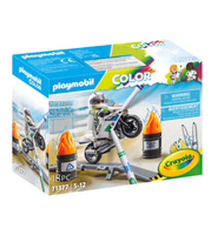 Playmobil Color Motorfiets playset with 18 parts, featuring a toy motorcycle and accessories for imaginative play.
