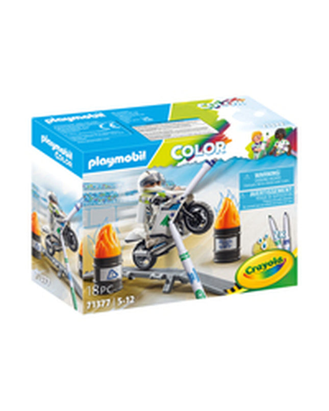 Playmobil Color Motorfiets playset with 18 parts, featuring a toy motorcycle and accessories for imaginative play.