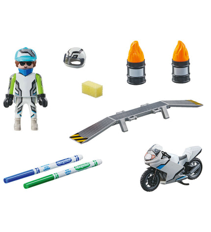 Playmobil Color Motorfiets playset with 18 pieces, featuring a colorful toy motorcycle and accessories for imaginative play.