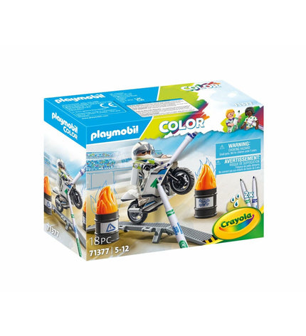 Playmobil Color Motorfiets playset with 18 parts, including a toy motorcycle, figures, and accessories for imaginative play.