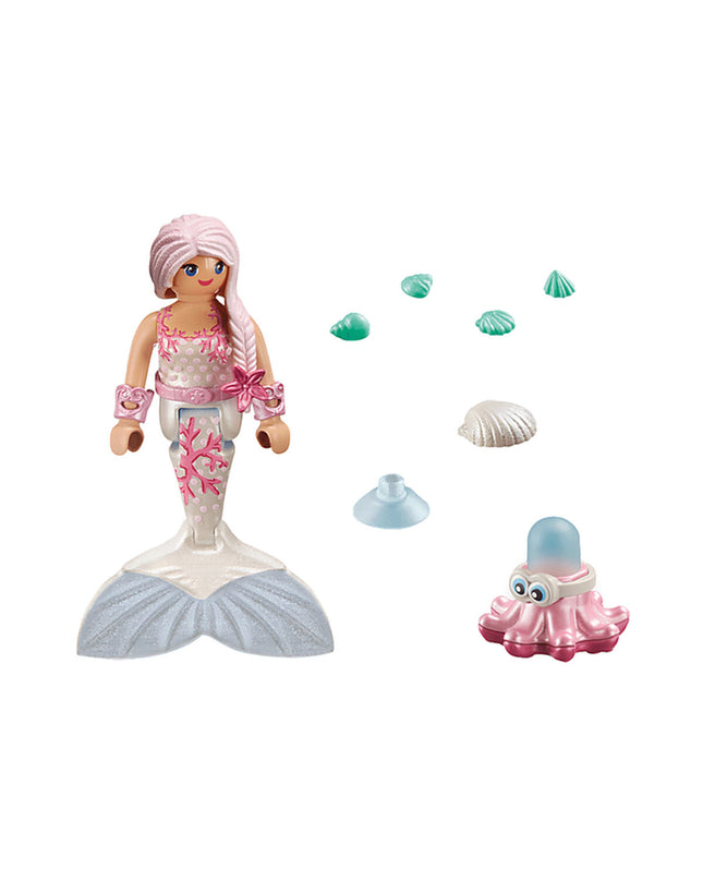Playmobil octopus mermaid playset with 14 pieces, featuring colorful sea creature figures and underwater-themed toys.