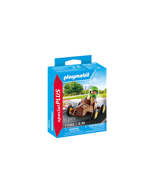 Playmobil Karting playset with six pieces including race car, driver figure, and accessories for imaginative racing fun.