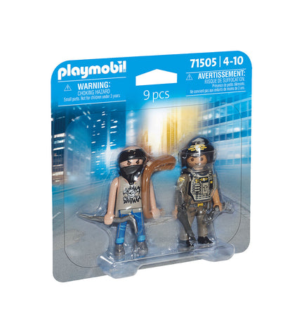 Playmobil 71505 police playset with thief figure and 9 accessories, toy police and criminal action figure set.