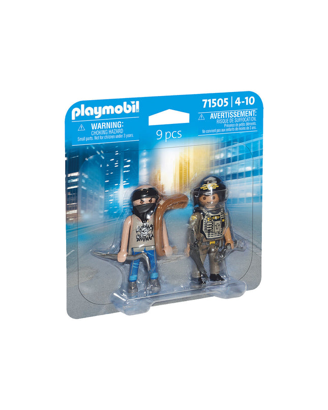 Playmobil 71505 police playset with thief figure and 9 accessories, toy police and criminal action figure set.