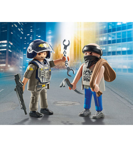 Playmobil 71505 police thief playset with 9 pieces including figures and accessories for imaginative play.