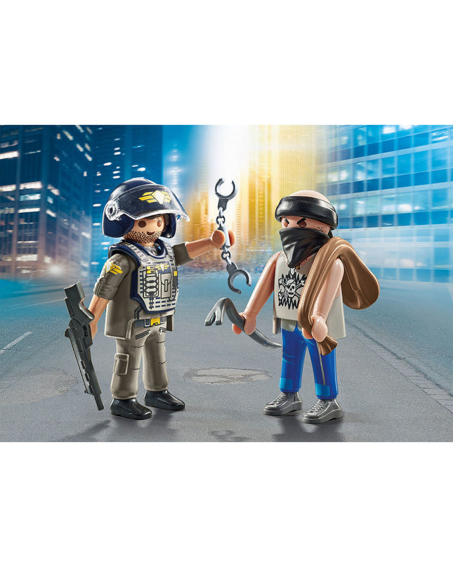 Playmobil 71505 police thief playset with 9 pieces including figures and accessories for imaginative play.