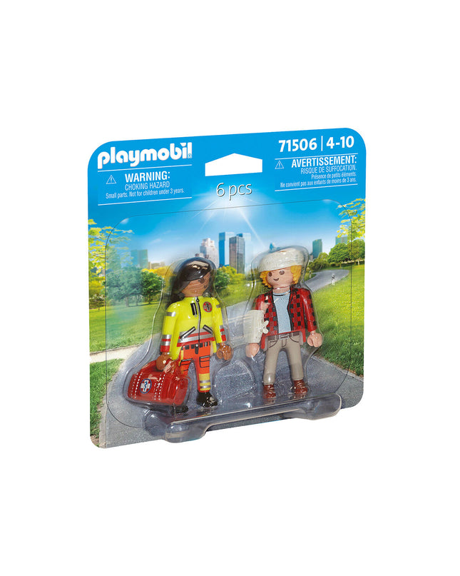 Playmobil 71506 doctor playset with six toy accessories, including medical tools and figures for imaginative role-play.