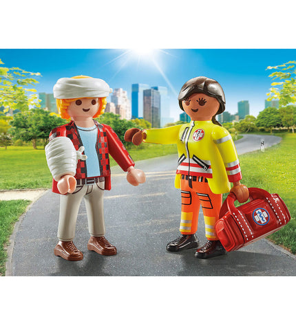 Playmobil 71506 doctor playset with six toy figures and accessories, suitable for kids’ role-playing and imaginative play.