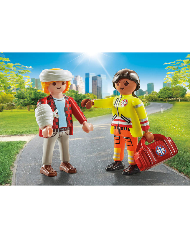 Playmobil 71506 doctor playset with six toy figures and accessories, suitable for kids’ role-playing and imaginative play.