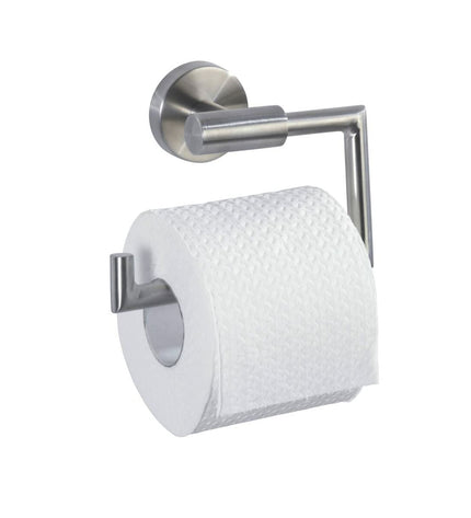 Wenko Bosio stainless steel toilet paper holder mounted on bathroom wall, modern design, measures 15x10.5x6.5 cm.