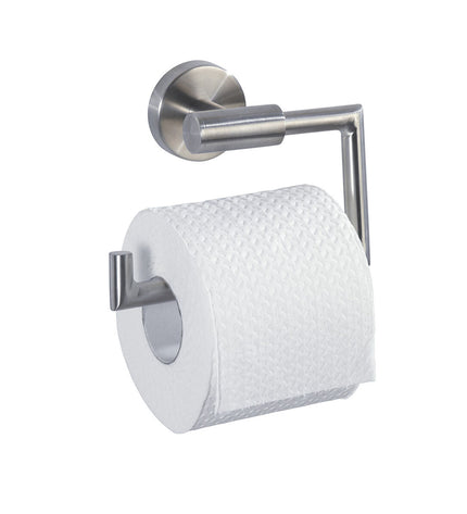 Wenko Bosio stainless steel toilet paper holder in bathroom, 15 x 10.5 x 6.5 cm, modern and durable bathroom accessory.