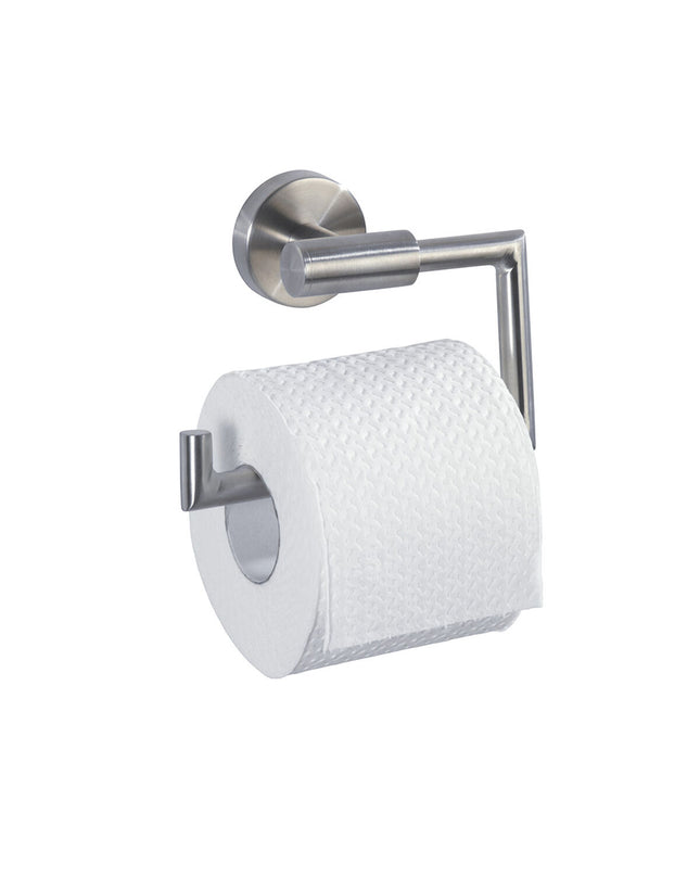 Wenko Bosio stainless steel toilet paper holder in bathroom, 15 x 10.5 x 6.5 cm, modern and durable bathroom accessory.