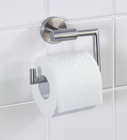 Wenko Bosio stainless steel toilet roll holder mounted on bathroom wall, measuring 15 x 10.5 x 6.5 cm, sleek bathroom accessory