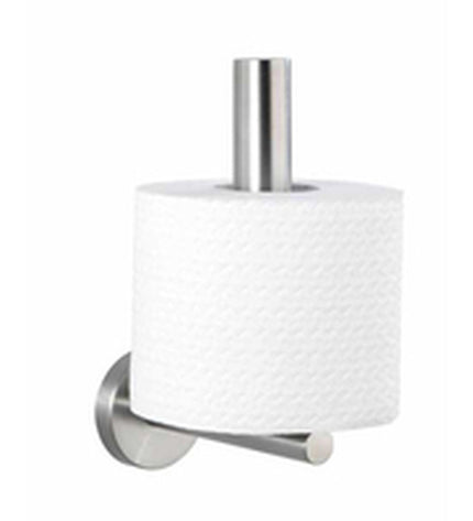 Wenko Bosio toilet roll holder in stainless steel, 8x18x12.5 cm, mounted in modern bathroom setting.