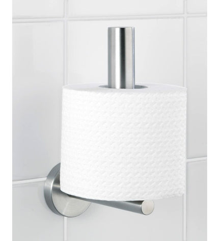 Wenko Bosio stainless steel toilet paper holder mounted on bathroom wall, measuring 8x18x12.5 cm, with a sleek, modern design