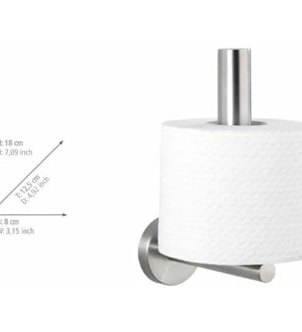 Wenko Bosio stainless steel toilet paper holder in bathroom, measuring 8x18x12.5 cm, with sleek modern design.