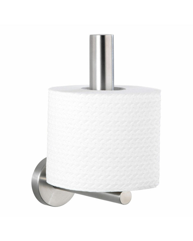 Wenko Bosio stainless steel toilet paper holder in bathroom, measuring 8x18x12.5 cm, mounted on a wall.