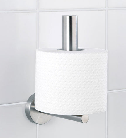 Wenko Bosio stainless steel toilet paper holder in bathroom, measuring 8x18x12.5 cm, mounted on wall with a sleek modern design.