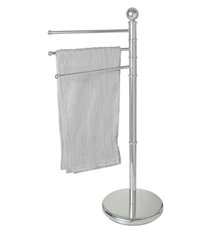 Wenko Exclusive silver standing towel rack in bathroom with multiple bars for hanging towels, measuring 90 x 48.5 x 28.5 cm.