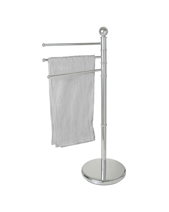 Wenko Exclusive silver standing towel rack in bathroom with multiple bars for hanging towels, measuring 90 x 48.5 x 28.5 cm.