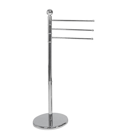 Wenko Exclusive silver standing towel rack in bathroom, 90x48.5x28.5 cm, with multiple bars for towels and bathroom essentials.