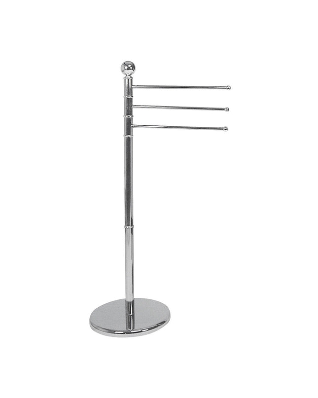 Wenko Exclusive silver standing towel rack in bathroom, 90x48.5x28.5 cm, with multiple bars for towels and bathroom essentials.