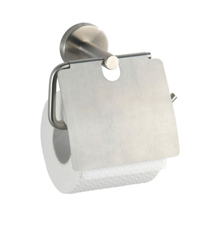 Wenko Bosio stainless steel toilet paper holder mounted on bathroom wall, 15x13.5x7 cm, with a sleek, modern design for bathroom decor