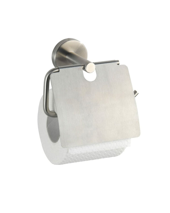 Wenko Bosio stainless steel toilet paper holder mounted on bathroom wall, 15x13.5x7 cm, with a sleek, modern design for bathroom decor