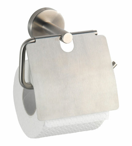 Wenko Bosio toilet paper holder in stainless steel mounted on bathroom wall, measuring 15x13.5x7 cm.