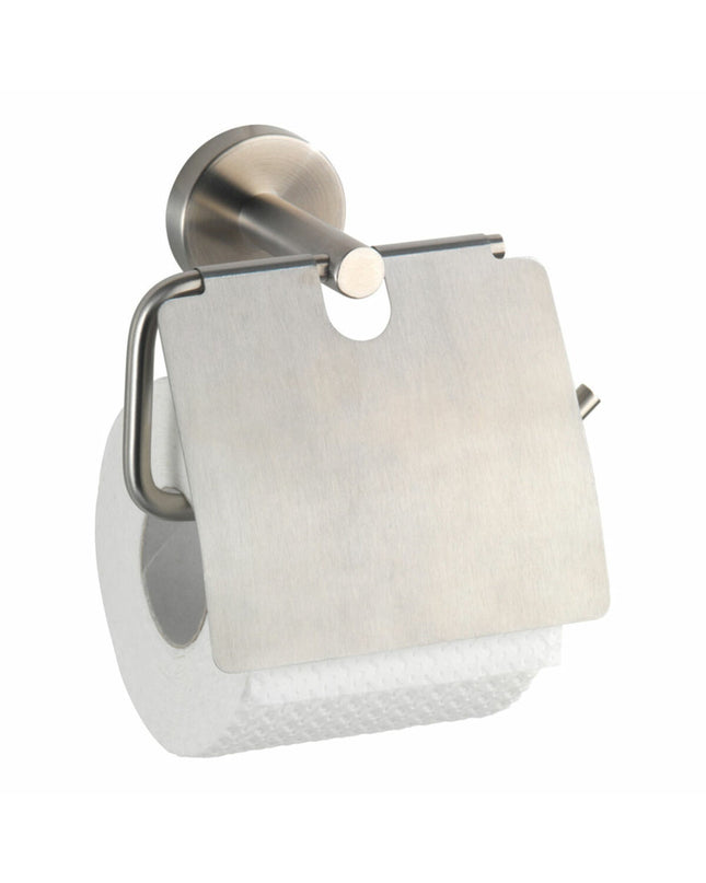 Wenko Bosio toilet paper holder in stainless steel mounted on bathroom wall, measuring 15x13.5x7 cm.