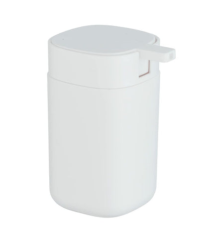 Wenko Davos 350 ml white plastic soap dispenser for bathroom or kitchen use, with pump and sleek design.