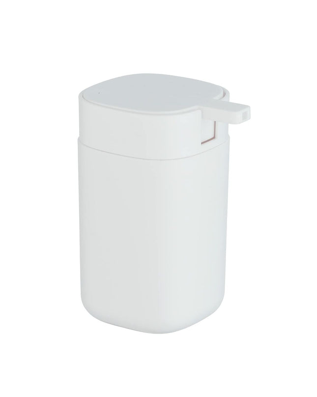 Wenko Davos 350 ml white plastic soap dispenser for bathroom or kitchen use, with pump and sleek design.