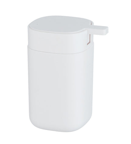 Wenko Davos 350ml white plastic soap dispenser for bathroom or kitchen, with a sleek, modern design.