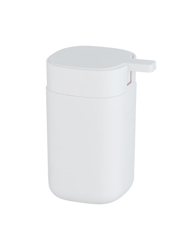 Wenko Davos 350ml white plastic soap dispenser for bathroom or kitchen, with a sleek, modern design.