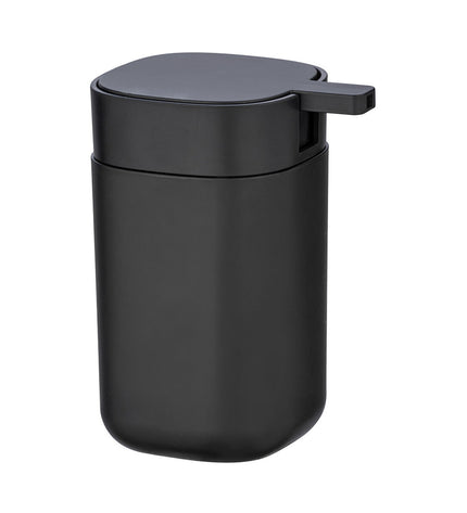 Wenko black plastic soap dispenser with 350 ml capacity, designed for bathroom and kitchen use.