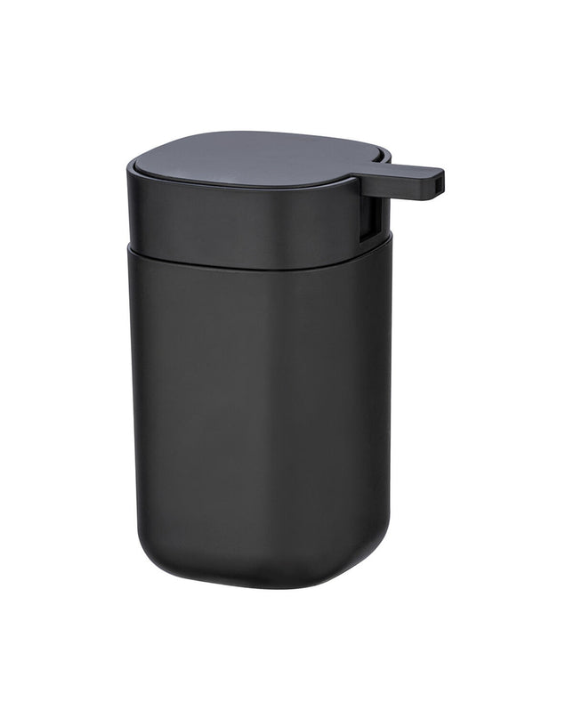 Wenko black plastic soap dispenser with 350 ml capacity, designed for bathroom and kitchen use.