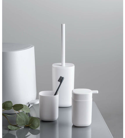 White Wenko Davos toilet brush with holder, suitable for bathroom and cleaning needs, shown with the brush in its holder.
