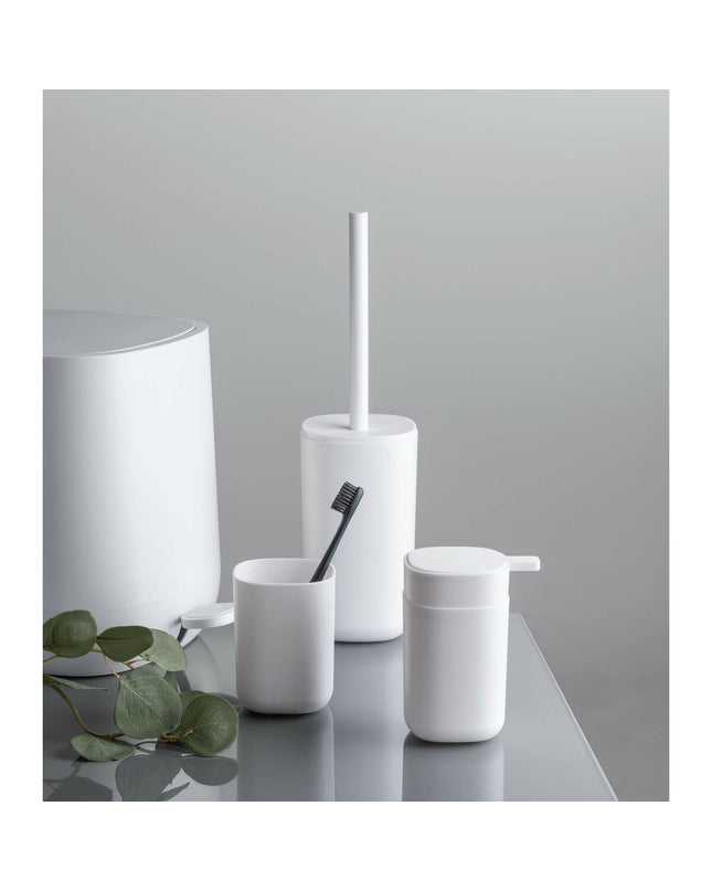 White Wenko Davos toilet brush with holder, suitable for bathroom and cleaning needs, shown with the brush in its holder.