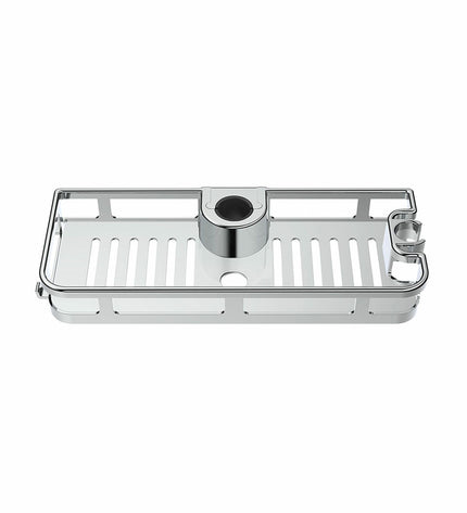 Wenko Libertà chrome bathroom shelf in ABS, measuring 28.5 x 4 x 11.5 cm, mounted on a bathroom wall for storage.
