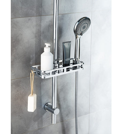 Wenko Libertà chrome ABS bathroom shelf with open design, measuring 28.5 x 4 x 11.5 cm, for bathroom organization.